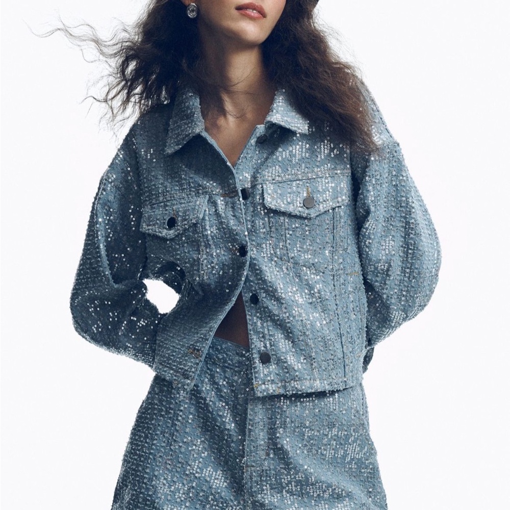 NWT! Flat White Sequin Houndstooth Light Blue Denim Jacket sold at Anthropologie
